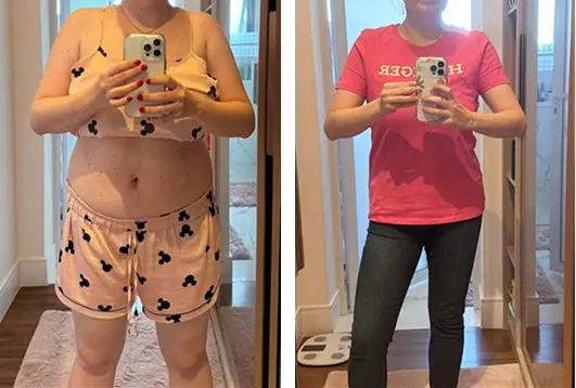 Comparação antes e depois de uma mulher tirando selfie no espelho, mostrando perda de peso com roupas diferentes.