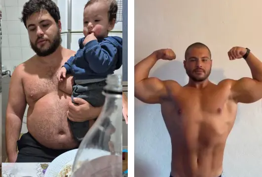 Comparação lado a lado de um homem antes e depois de perder peso e ganhar músculos, segurando um bebê na imagem da esquerda e fazendo pose de flexão de braços na direita.