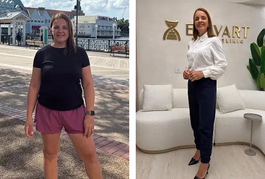 Montagem com duas fotos da mesma mulher: na esquerda vestindo roupa esportiva preta e rosa ao ar livre, na direita usando roupa social branca e preta em ambiente interno de clínica.