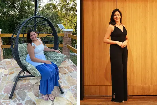 Antes e depois de uma mulher: à esquerda sentada em cadeira de balanço preta com vestido branco e azul, à direita em pé vestindo vestido preto elegante em fundo de parede de madeira.
