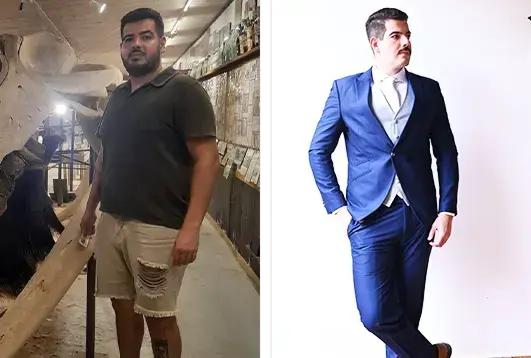 Imagem dividida mostrando homem de barba e cabelo curto, à esquerda com camiseta preta e bermuda bege em ambiente escuro, à direita vestido com terno azul e camisa branca em fundo branco.