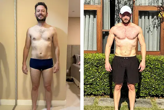 Fotografia dividida mostrando um homem sem camisa em duas fases diferentes, antes e depois de um processo de transformação física, ganhando definição muscular e usando uma roupa diferente em cada lado.
